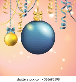 New Year greeting card. Christmas Ball with bow and ribbon. Xmas Decorations. Sparkles and bokeh. Shiny and glowing