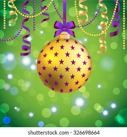 New Year greeting card. Christmas Ball with bow and ribbon. Xmas Decorations. Sparkles and bokeh. Shiny and glowing