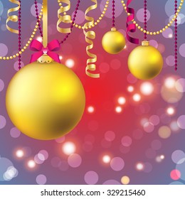 New Year greeting card. Christmas Ball with bow and ribbon. Xmas Decorations. Sparkles and bokeh. Shiny and glowing