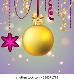 New Year greeting card. Christmas Ball with bow and ribbon. Xmas Decorations. Sparkles and bokeh. Shiny and glowing