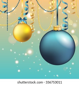 New Year greeting card. Christmas Ball with bow and ribbon. Xmas Decorations. Sparkles and bokeh. Shiny and glowing