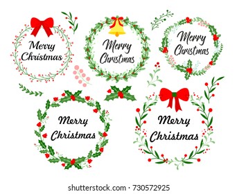 New Year greeting card. Christmas wreath set with winter floral elements. Vector illustration in flat style on white background.