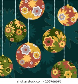 New Year Greeting card with colorful balls on dark green 