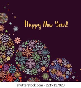 New year greeting card, colorful snowflakes ornaments over dark background