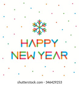New year greeting card with colorful letters and snowflakes.