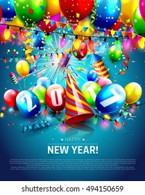 New Year greeting card with colorful balloons and confetti on blue background