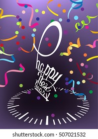 New year greeting card with confetti and clock. Vector illustration