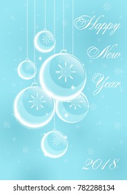 New Year greeting card with a congratulation for the New Year. Christmas balls, snowflakes on a gentle turquoise background. Vector illustration. White linart.