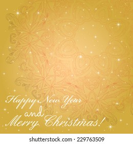 New Year greeting card. Congratulations on Christmas. Circle lace hand-drawn ornament card. Sparkles and bokeh. Shiny and glowing
