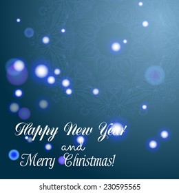 New Year greeting card. Congratulations on Christmas. Circle lace hand-drawn ornament card. Sparkles and bokeh. Shiny and glowing