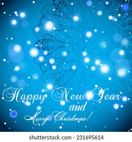 New Year greeting card. Congratulations on Christmas. Circle lace hand-drawn ornament card. Sparkles and bokeh. Shiny and glowing