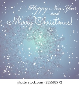 New Year greeting card. Congratulations on Christmas. Circle lace hand-drawn ornament card. Sparkles and bokeh. Shiny and glowing
