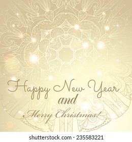 New Year greeting card. Congratulations on Christmas. Circle lace hand-drawn ornament card. Sparkles and bokeh. Shiny and glowing