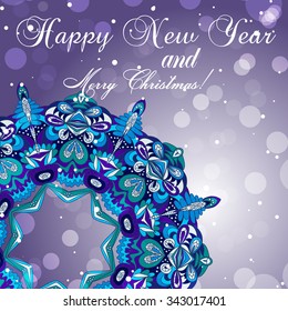 New Year greeting card. Congratulations on Christmas. Circle lace hand-drawn ornament card. Sparkles and bokeh. Shiny and glowing