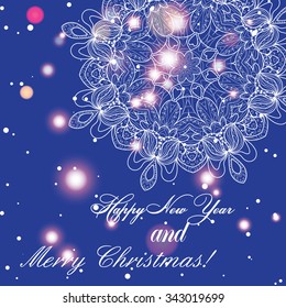 New Year greeting card. Congratulations on Christmas. Circle lace hand-drawn ornament card. Sparkles and bokeh. Shiny and glowing