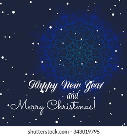 New Year greeting card. Congratulations on Christmas. Circle lace hand-drawn ornament card. Sparkles and bokeh. Shiny and glowing