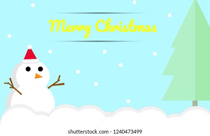 New year greeting card with copy-space.Happy snowman standing in christmas landscape.Snow background