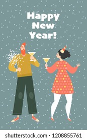 New Year greeting card. Couple at a party. Happy boy and girl celebrate the coming of the new year together