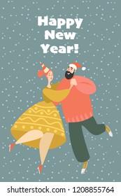 New Year greeting card. Couple at a party dancing lindy hop. Happy boy and girl celebrate the coming of the new year together