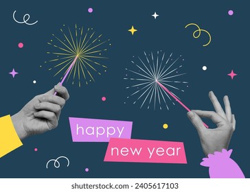 New year greeting card with cut out hands holding sparkler. Template for greeting card, invitation, flyer, banner, poster. Vector illustration