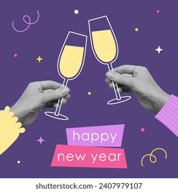 New year greeting card with cut out hands holding champagne glasses. Template for greeting card, invitation, social media, flyer, banner, poster. Vector illustration