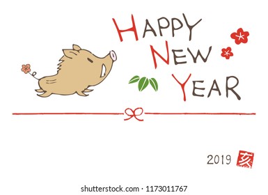 New year greeting card with a cute boar (wild pig) for year 2019
