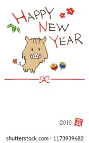 New year greeting card with a cute boar (wild pig) for year 2019