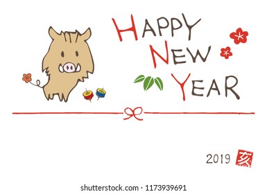 New year greeting card with a cute boar (wild pig) for year 2019