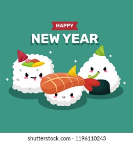 New year Greeting card with cute sushi illustration vector
