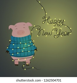New year greeting card with cute piggy in garland. 2019 the year of the pig. Animal holidays cartoon character.