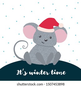 New Year greeting card with cute Mouse in Santas hat. Zodiac rat of 2020 chinese year. Vector illustration.