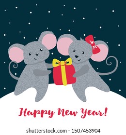 New Year greeting card with cute Mice and gift. Zodiac rat of 2020 chinese year. Vector illustration.