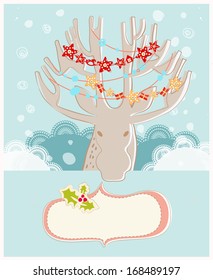 New Year greeting card with a cute cartoon Christmas reindeer with decorated antlers looking at a blank ornamental cartouche for your seasonal message
