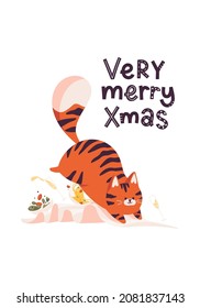 New year greeting card with cute tiger. The cat attacked the festive table. Chinese new year symbol. Text lettering Very merry xmas. Isolated on white background