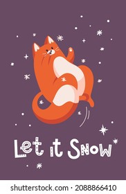 New year greeting card with cute tiger. Cat hunting snow. Chinese new year symbol. Text Let it snow lettering