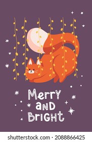New year greeting card with cute cat play with garland. Text lettering Merry and Bright. Color background