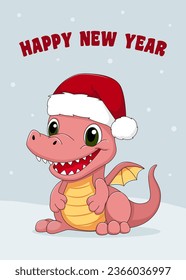 New year greeting card with cute pink dragon in red hat. Template for Christmas invitation, greeting card, poster, banner, flyer. Vector illustration