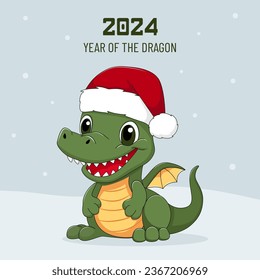 New year greeting card with cute green dragon in red hat. Template for Christmas invitation, greeting card, poster,banner, flyer. Vector illustration