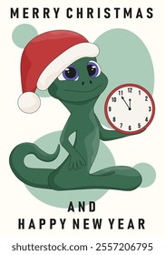 New Year greeting card with cute Snake and alarm clock. Vertical 2025 festive poster with lunar symbol 2025 Chinese New Year. Vector illustration. EPS 10