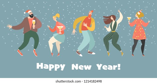 New year greeting card with dancing girls and boys. Happy boy and girl celebrate the coming of the new year together New year greeting card with dancing girls and boys. Happy boy and girl celebrate the coming of the new year together