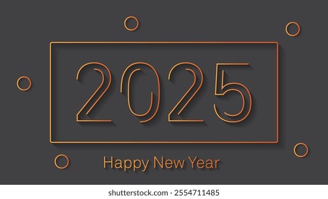 A New Year greeting card with a dark gray background  The text Happy New Year is written below the numbers in a smaller golden font The numbers 2025 are the central focus written in a bold double line