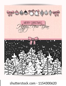 New Year greeting card design with snowy christmas tree.
