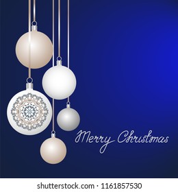 New Year greeting card design with christmas balls hanging on ribbon. Collection of Baubles with ornaments. Vector illustration background design. 