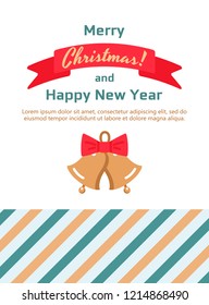 New Year greeting card design with stylized bells. Vintage card with bells. Merry Christmas typography and elements for holidays with greeting card template and pattern. Vector brochure in flat style.