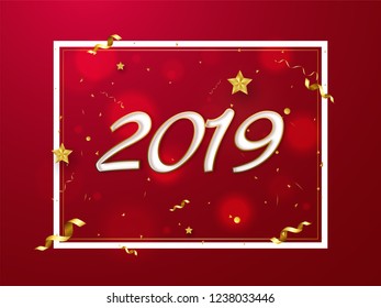 New Year greeting card design with text 2019 on red bokeh background decorated with confetti.
