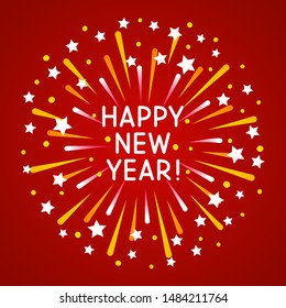 New Year greeting card design with color firework on red background