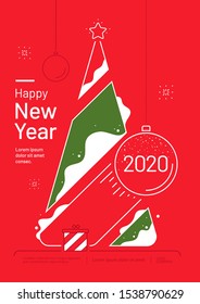 New Year greeting card design with stylized christmas tree and decorations. Winter holiday line illustration for flyer or poster.