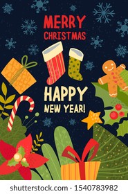 New Year greeting card design with colorful gifts, decorations and Xmas Stockings on an deep blue background with snowflakes in a colorful vector illustration