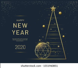 New Year greeting card design with stylized Christmas tree, ball and decorations. Vector golden line illustration