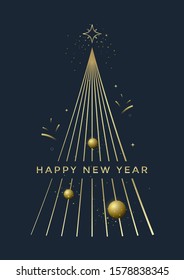 New Year greeting card design with stylized Christmas tree, ball and decorations. Vector golden line illustration